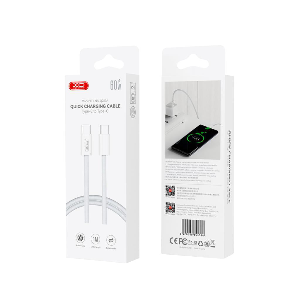 Dátový a nabíjací kábel USB-C - USB-C XO Design NB-Q260B, 60W, 1.5m, Biela
