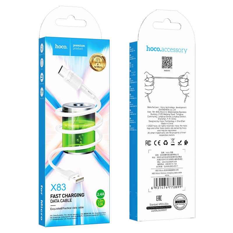 Dátový a nabíjací kábel USB-A - microUSB HOCO X83 Victory, 18W, 1m, Biela