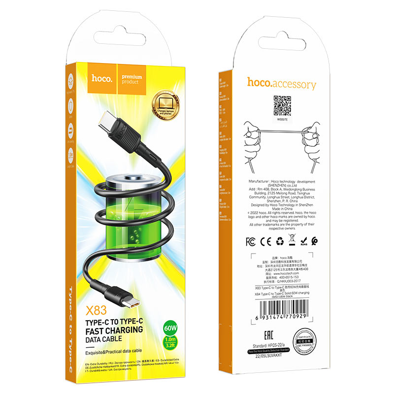 USB-C Data and Charging Cable - USB-C HOCO X83 Victory USB-C, 60W, 1m, Black