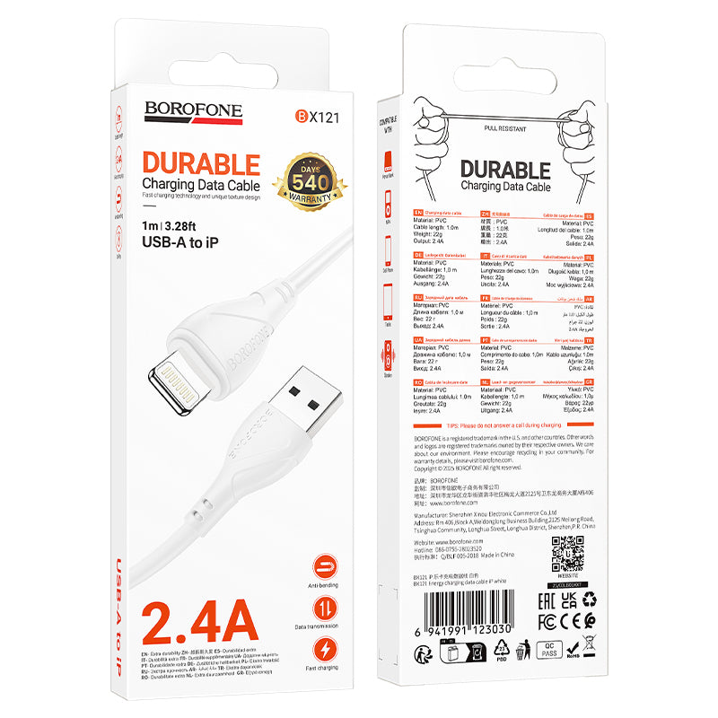 Dátový a nabíjací kábel USB-A - Lightning Borofone BX121 Energy, 18W, 1m, Biela