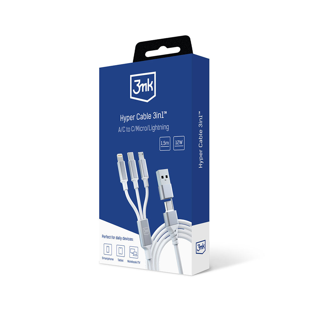 Nabíjací kábel USB-A / USB-C - Lightning / microUSB / USB-C 3MK Hyper 3in1, 12W, 1.5m, Biela