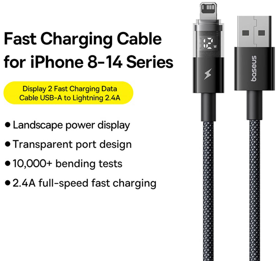 USB-A na Lightning dátový a nabíjací kábel Baseus Display 2, 12W, 2m, čierny P10382700121-01