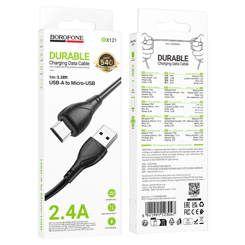 Dátový a nabíjací kábel USB-A - microUSB Borofone BX121 Energy, 18W, 1m, čierny