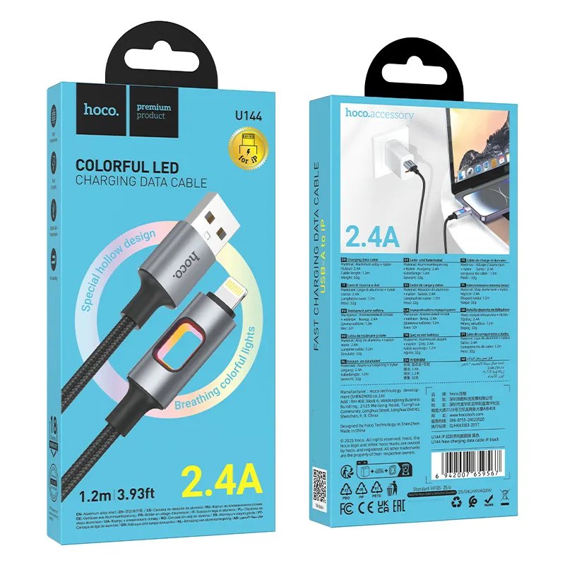 Dátový a nabíjací kábel USB-A - Lightning HOCO U144 Led, 18W, 1.2m, Čierny