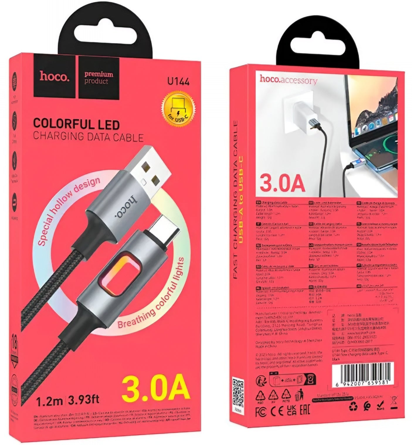 Dátový a nabíjací kábel USB-A - USB-C HOCO U144 Led, 18W, 1,2 m, čierny