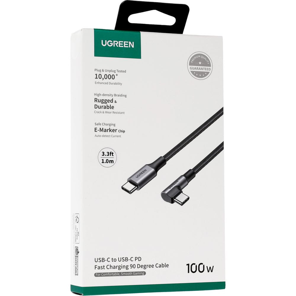 USB-C dátový a nabíjací kábel - USB-C UGREEN US334 uhlový, 100W, 1m, čierny