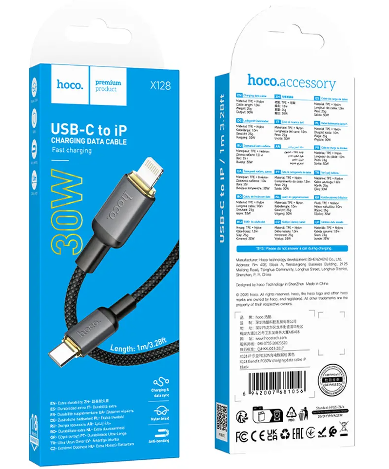 Dátový a nabíjací kábel USB-C - Lightning HOCO X128 Benefit, 30W, 1m, čierny