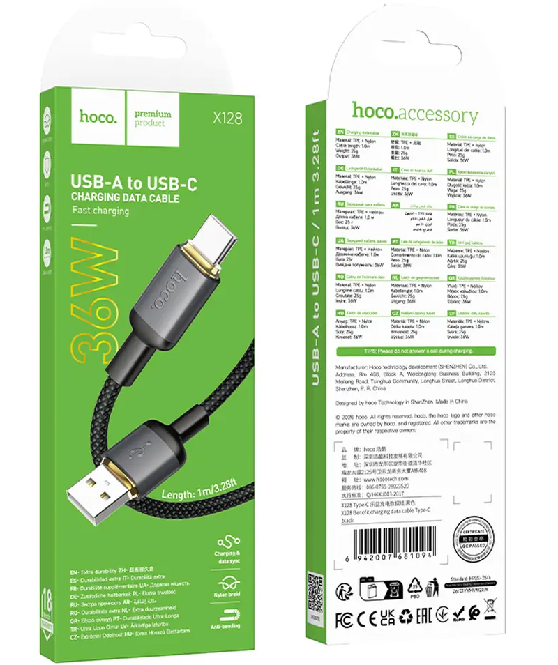 Dátový a nabíjací kábel USB-A - USB-C HOCO X128 Benefit, 36W, 1m, čierny