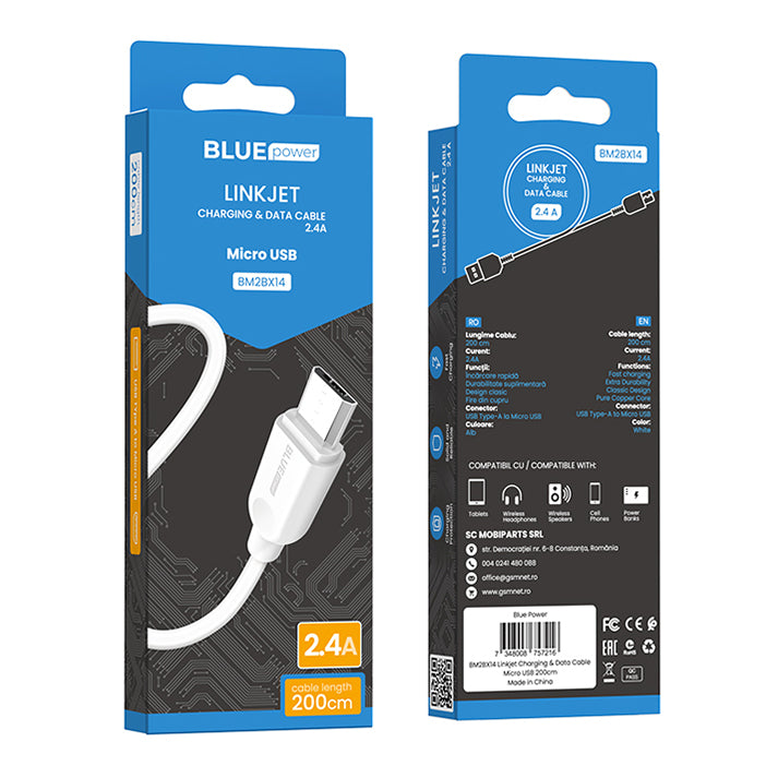 Dátový a nabíjací kábel USB-A - microUSB BLUE Power BM2BX14 LinkJet, 18W, 2m, biely