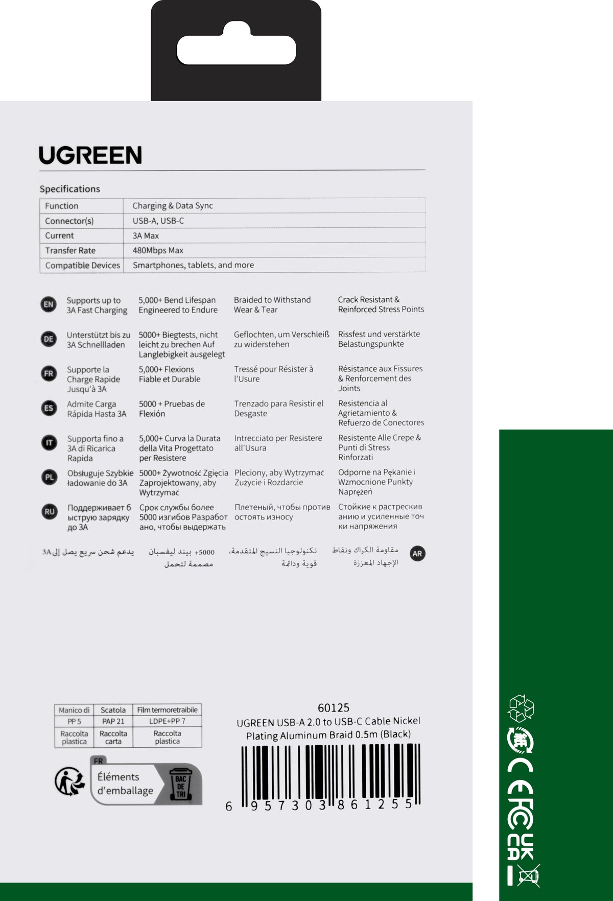 Dátový a nabíjací kábel USB-A - USB-C UGREEN US288, 18W, 0.5m, Čierny