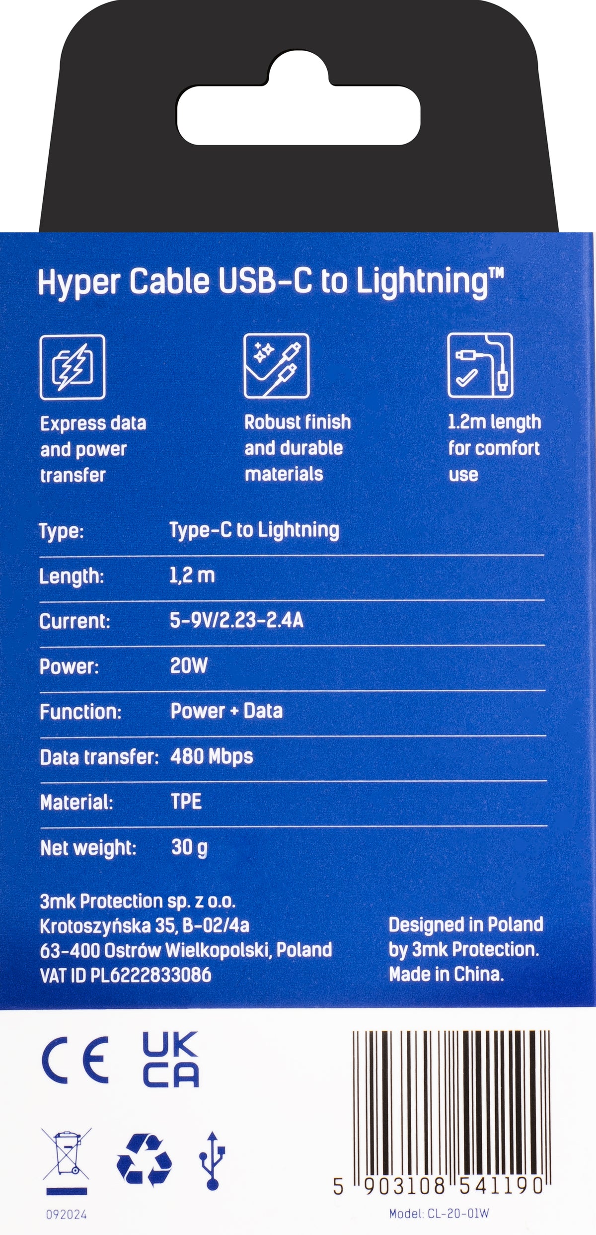 Dátový a nabíjací kábel USB-C - Lightning 3MK Hyper, 20W, 1,2 m, biely
