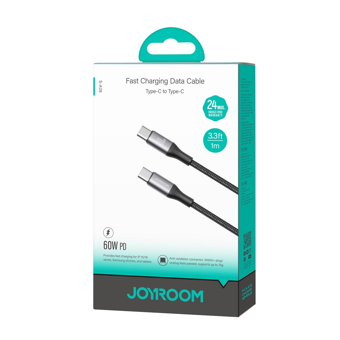 Dátový a nabíjací kábel USB-C - USB-C Joyroom S-A28 Flash, 60W, 1m, čierny