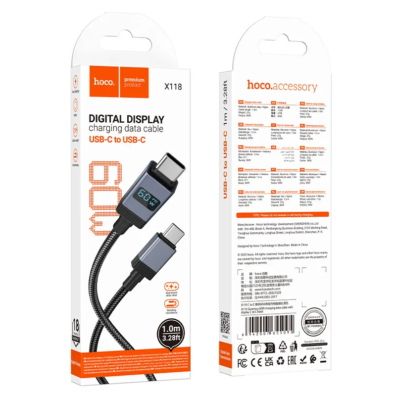 Dátový a nabíjací kábel USB-C - USB-C HOCO X118 Display, 60W, 1m, čierny