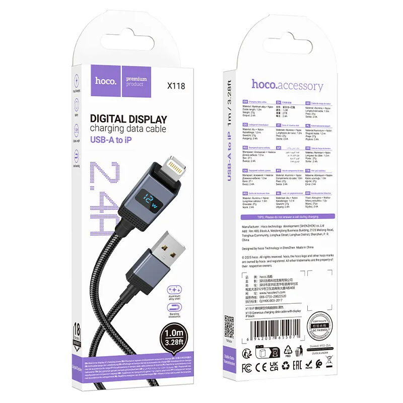 Dátový a nabíjací kábel USB-A - Lightning HOCO X118 Display, 12W, 1m, čierny