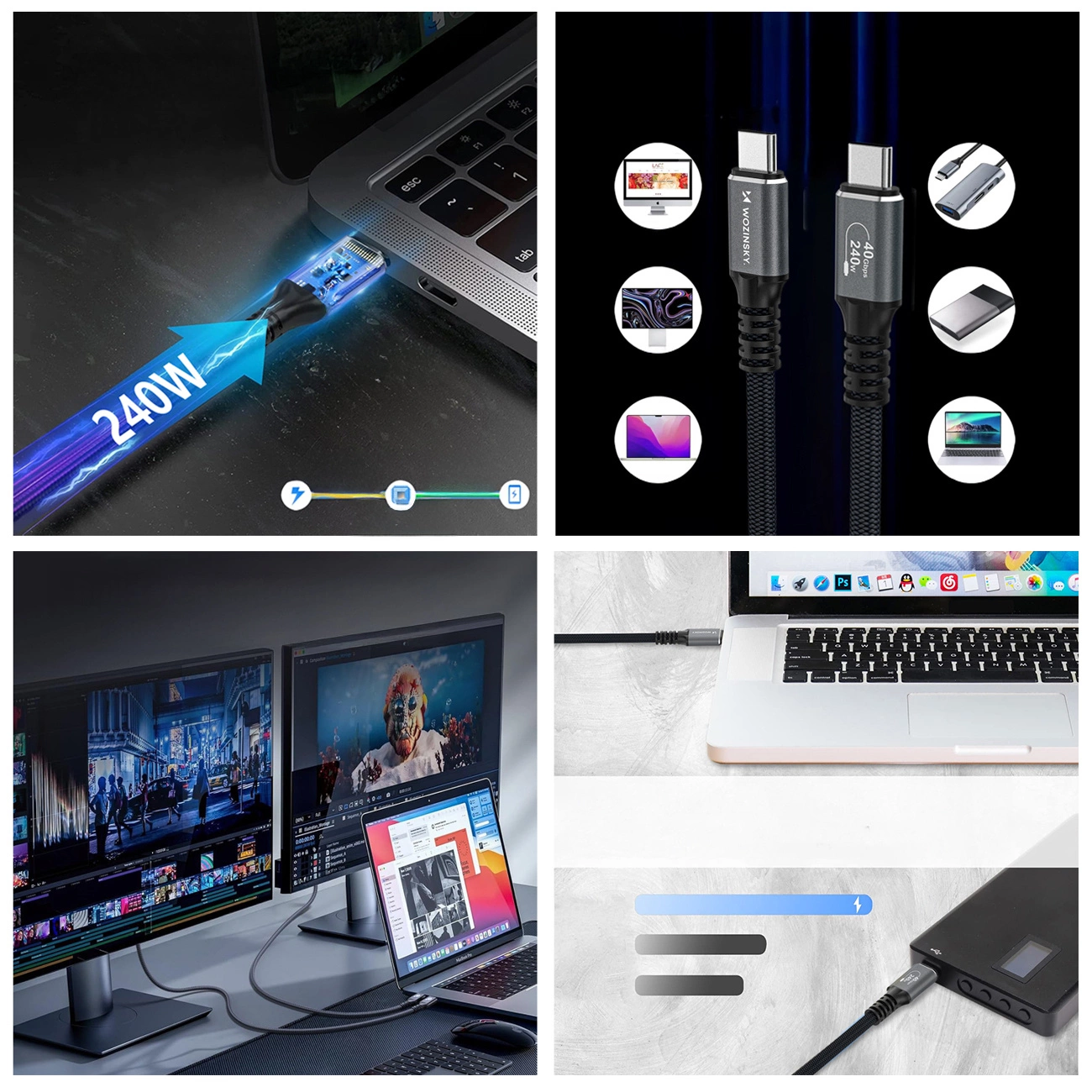 Dátový a nabíjací kábel USB-C - USB-C WZK WPS-UY42S, 240W, 2m, čierny