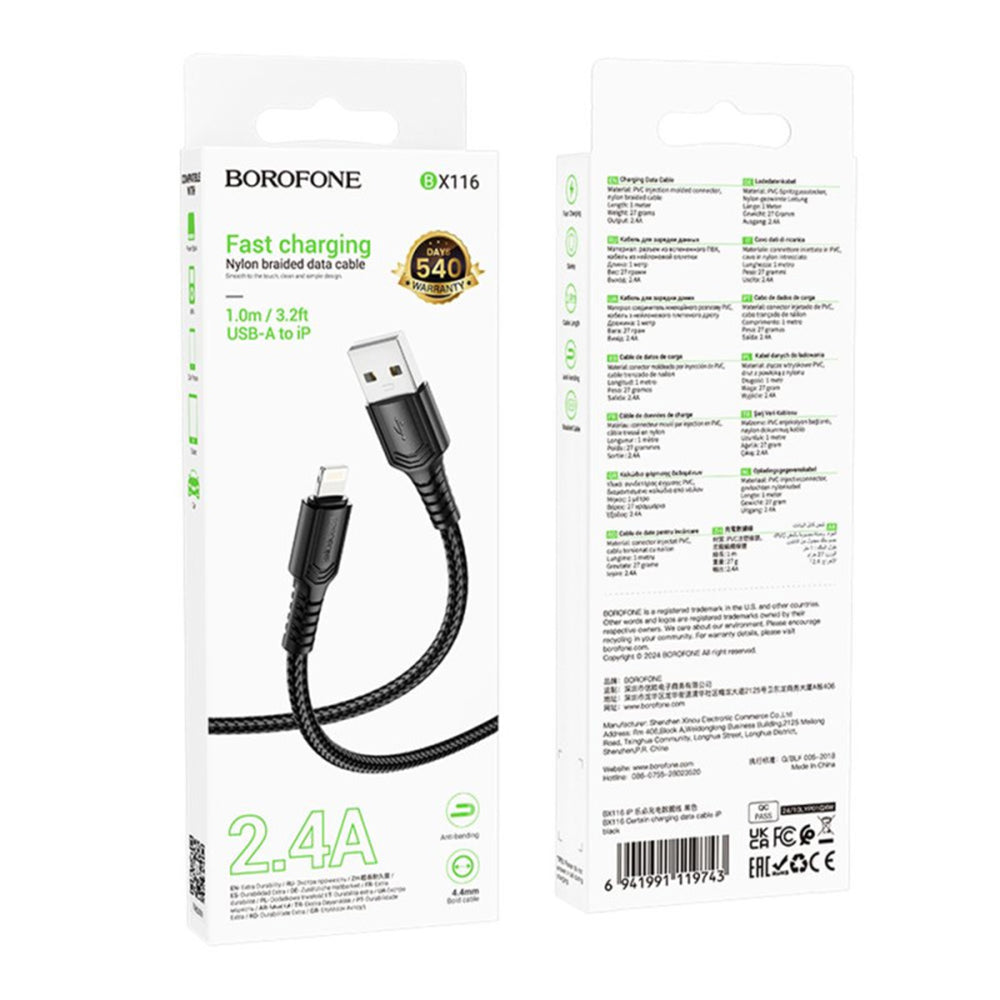 Dátový a nabíjací kábel USB-A - Lightning Borofone BX116 Certain, 18W, 1m, čierny