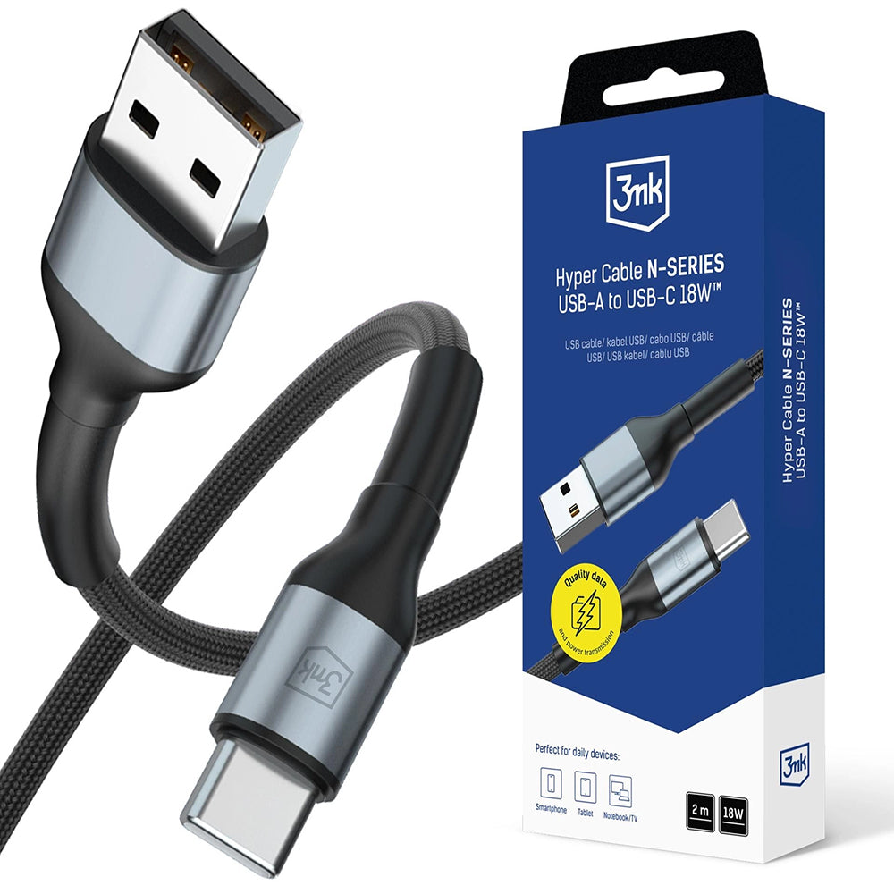 Dátový a nabíjací kábel USB-A - USB-C 3MK Hyper N, 18W, 2m, čierny