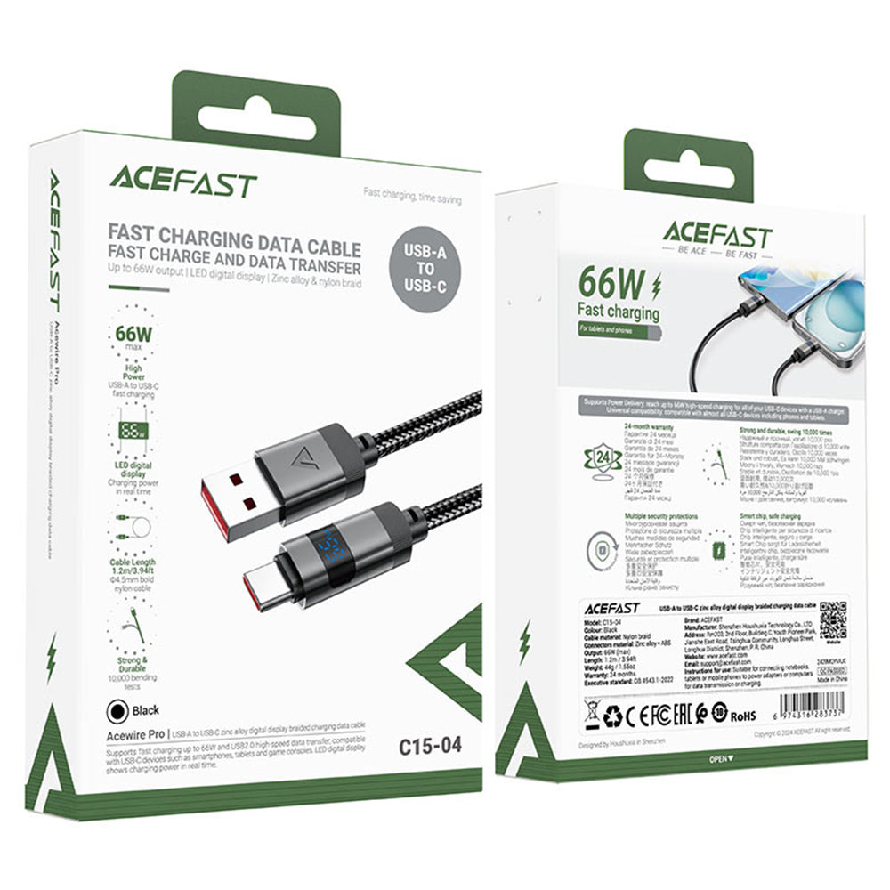 Dátový a nabíjací kábel USB-A - USB-C Acefast C15-04 Display, 66W, 1.2m, čierny