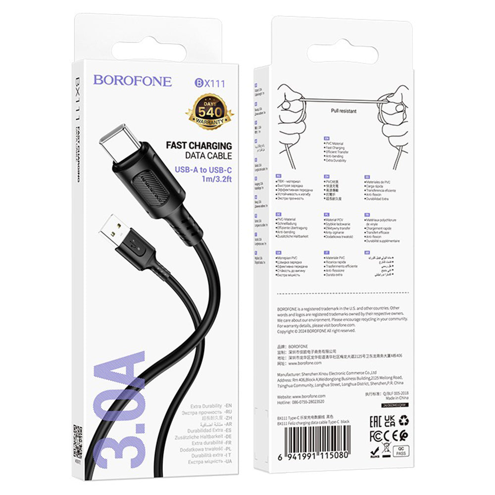 Dátový a nabíjací kábel USB-A - USB-C Borofone BX111 Feliz, 20W, 1m, čierny
