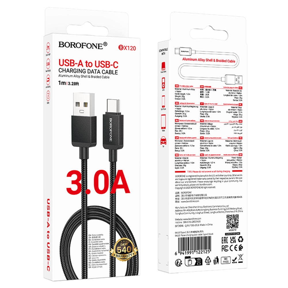 Dátový a nabíjací kábel USB-A - USB-C Borofone BX120 Placer, 18W, 1m, čierny
