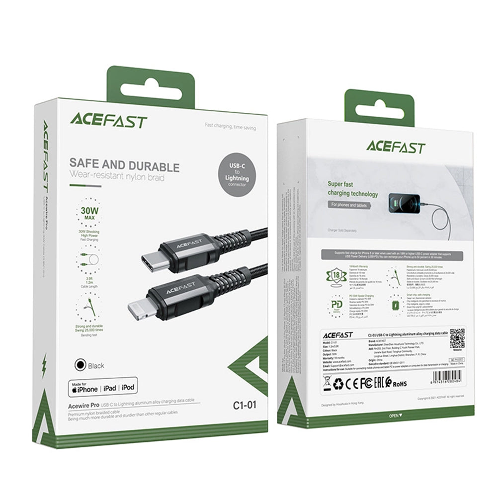 USB-C to Lightning Data and Charging Cable Acefast C1-01, 30W, 1.2m, Black