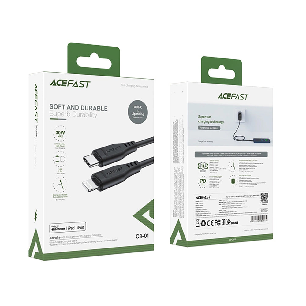 Dátový a nabíjací kábel USB-C - Lightning Acefast C3-01, 30W, 1.2m, Čierny
