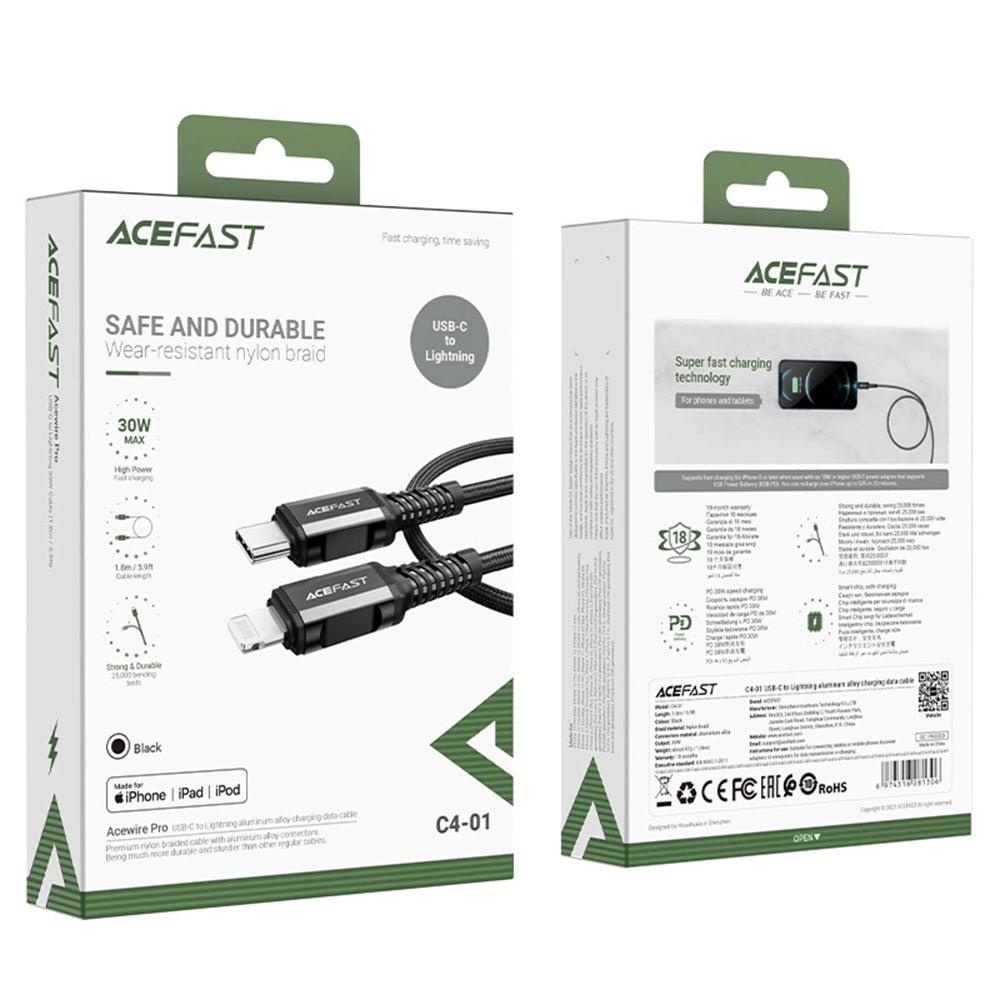 USB-C to Lightning Data and Charging Cable Acefast C4-01, 30W, 1.8m, Black