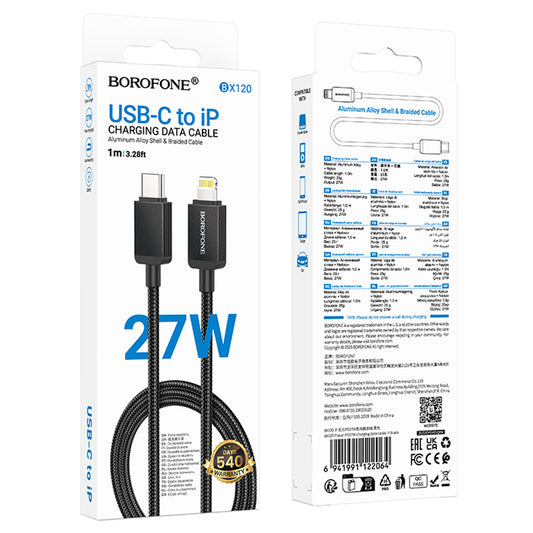 Dátový a nabíjací kábel USB-C - Lightning Borofone BX120 Placer, 27W, 1m, Čierny