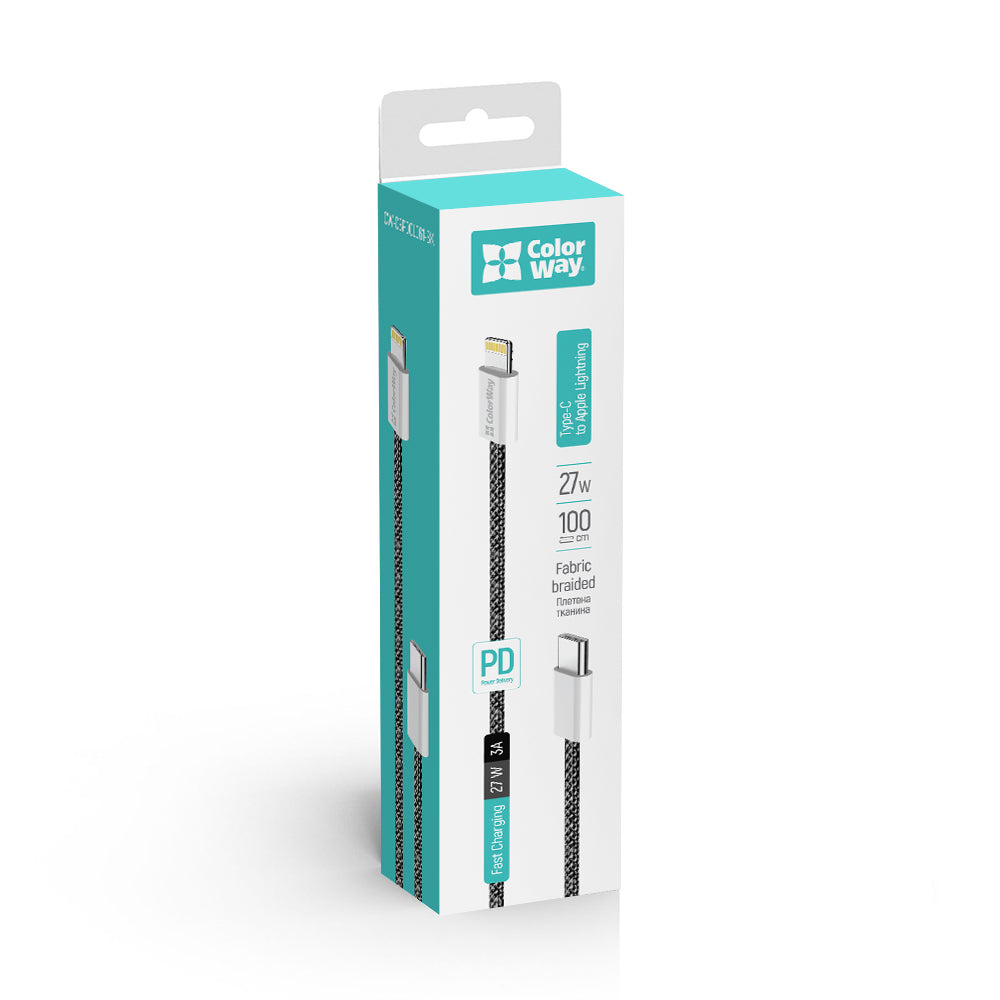 Dátový a nabíjací kábel USB-C - Lightning ColorWay CW-CBPDCL061, 27W, 1m, čierny