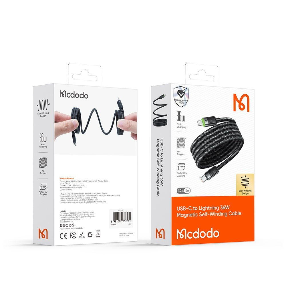 Dátový a nabíjací kábel USB-C - Lightning McDodo CA-2010 Self Winding, 36W, 1.2m, čierny