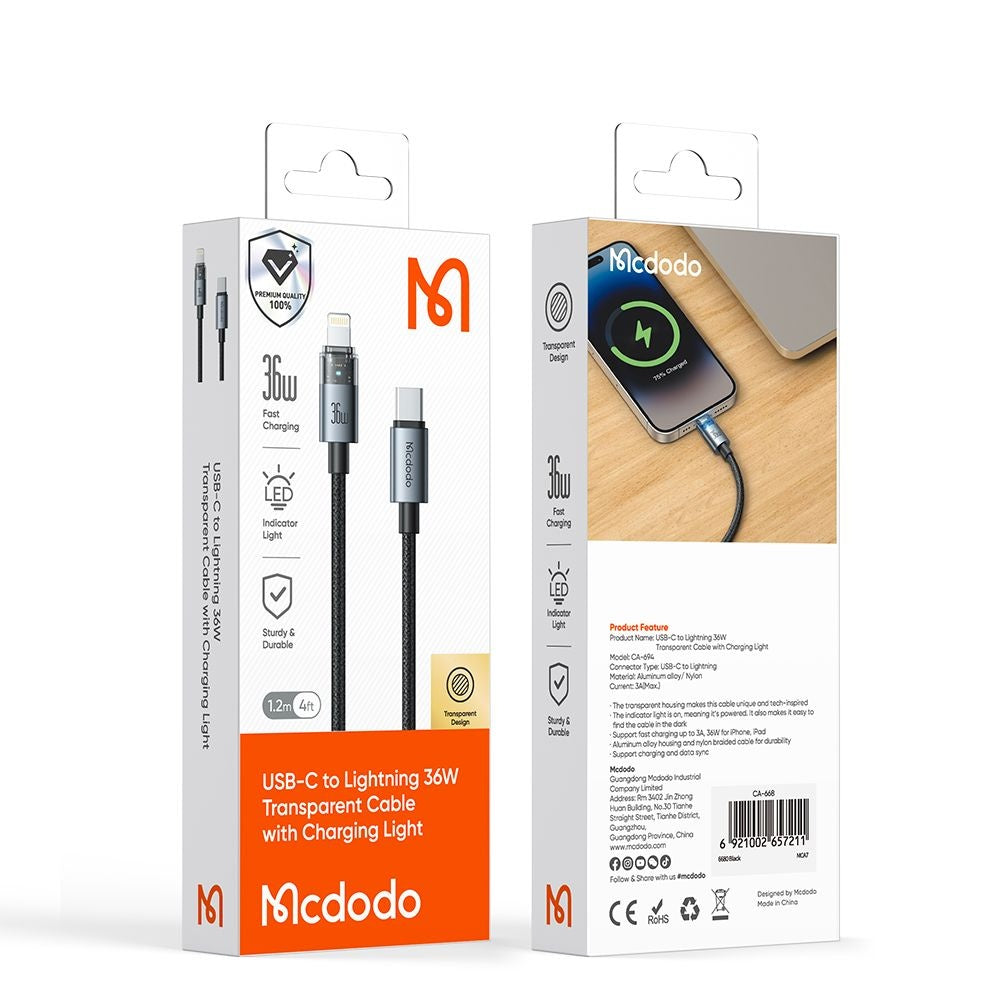 Dátový a nabíjací kábel USB-C - Lightning McDodo CA-6940, 36W, 1.2m, Čierny