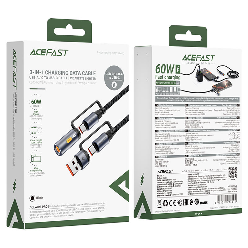 Dátový a nabíjací kábel USB-C / USB-A - USB-C / Elektrický zapaľovač Acefast J6, 60W, 1.2m, čierny