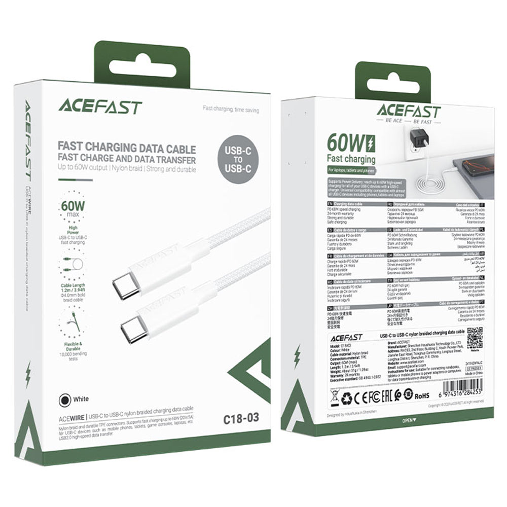 Dátový a nabíjací kábel USB-C - USB-C Acefast C18-03, 60W, 1.2m, Biela