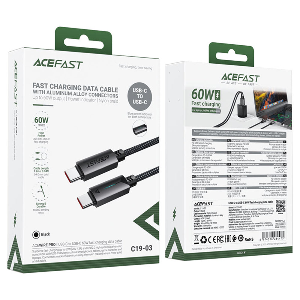 Dátový a nabíjací kábel USB-C - USB-C Acefast C19-03, 60W, 1.2m, čierny