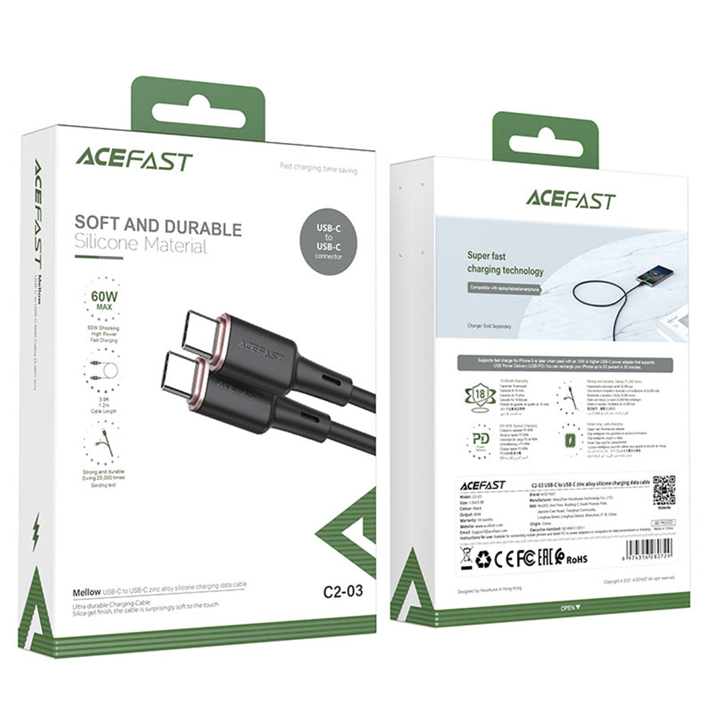 Dátový a nabíjací kábel USB-C - USB-C Acefast C2-03, 60W, 1.2m, čierny