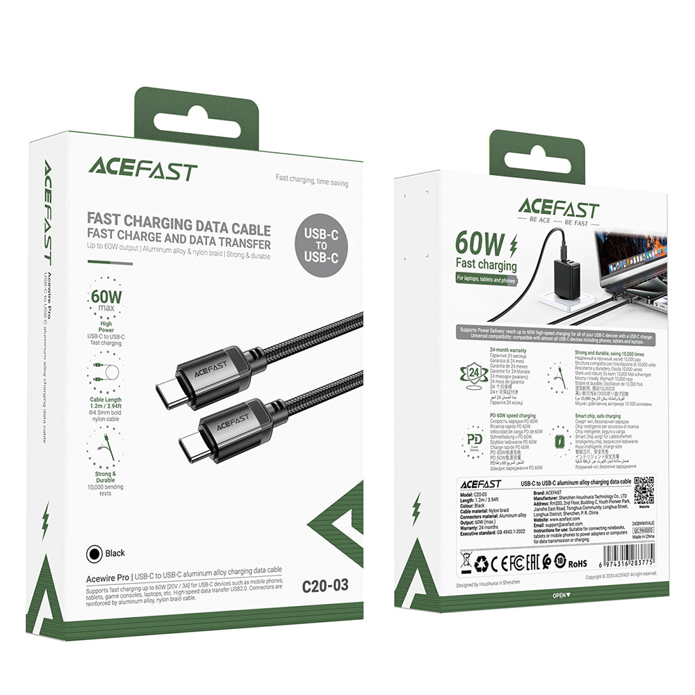 Dátový a nabíjací kábel USB-C - USB-C Acefast C20-03, 60W, 1.2m, čierny