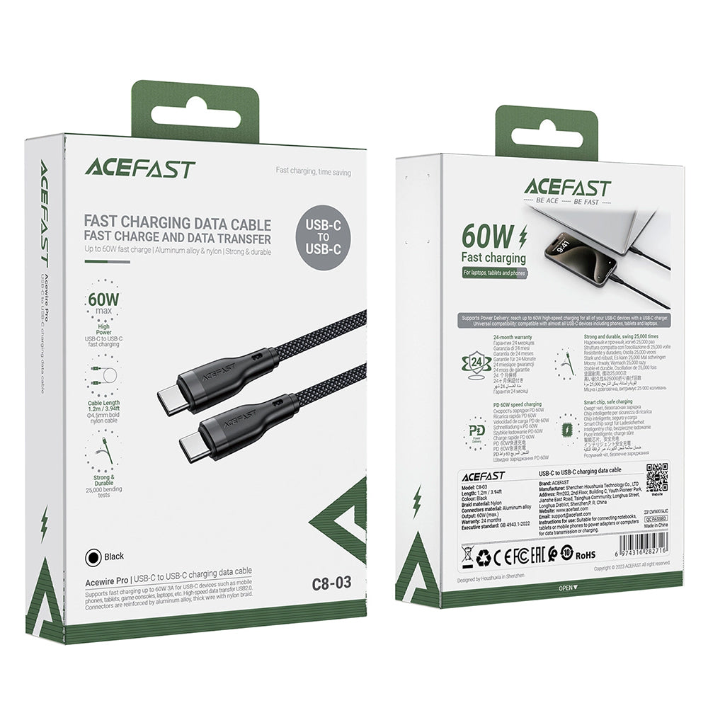 Dátový a nabíjací kábel USB-C - USB-C Acefast C8-03, 60W, 1.2m, čierny