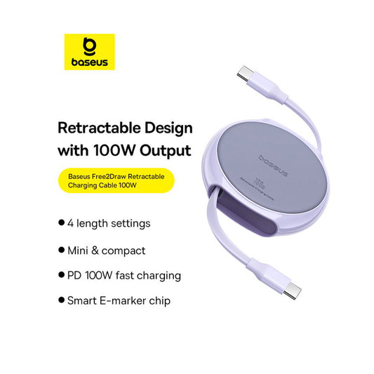 Dátový a nabíjací kábel USB-C - USB-C Baseus Pathfinder Retractable, 100W, 1m, Fialový P10368400511-00