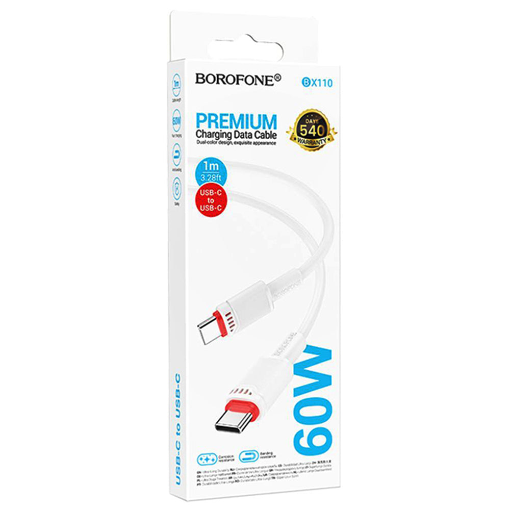 Dátový a nabíjací kábel USB-C - USB-C Borofone BX110 Beneficio, 60W, 1m, Biela