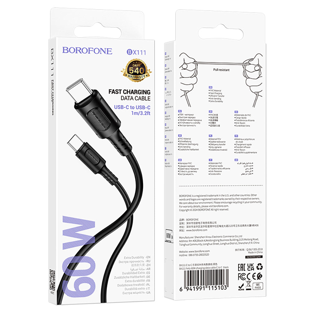 Dátový a nabíjací kábel USB-C - USB-C Borofone BX111 Feliz, 60W, 1m, čierny