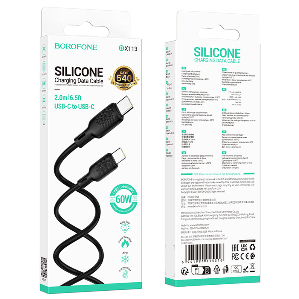 Dátový a nabíjací kábel USB-C - USB-C Borofone BX113 Lenny, 60W, 2m, čierny