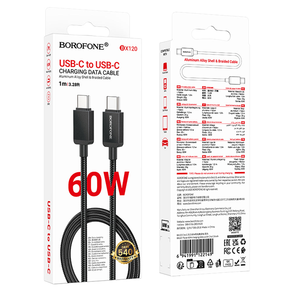 Dátový a nabíjací kábel USB-C - USB-C Borofone BX120 Placer, 60W, 1m, čierny