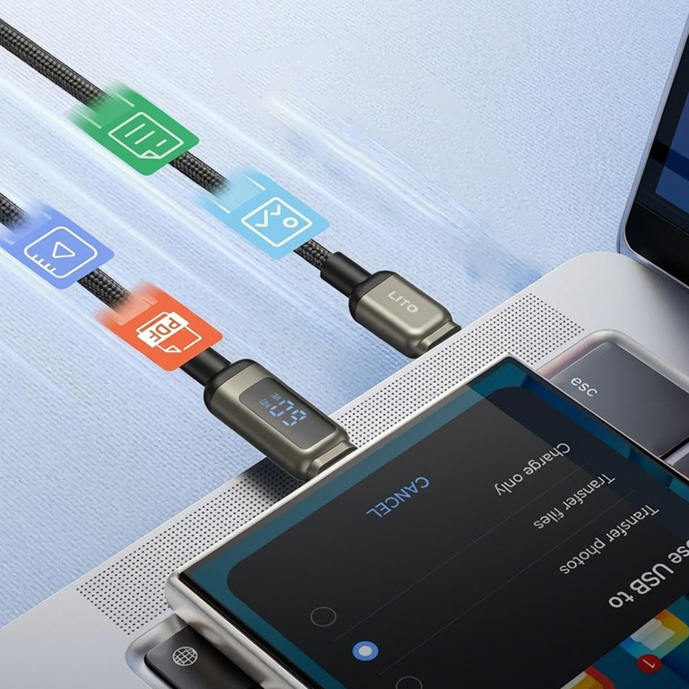 Dátový a nabíjací kábel USB-C - USB-C Lito LD15 Display, 60W, 1m, čierny