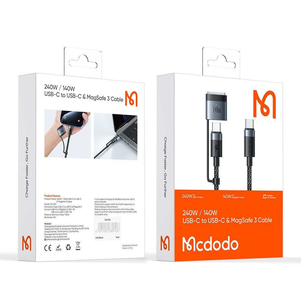 McDodo CA-0140 Charging Cable, USB-C to USB-C / MagSafe 3, 240W, 2m, Black