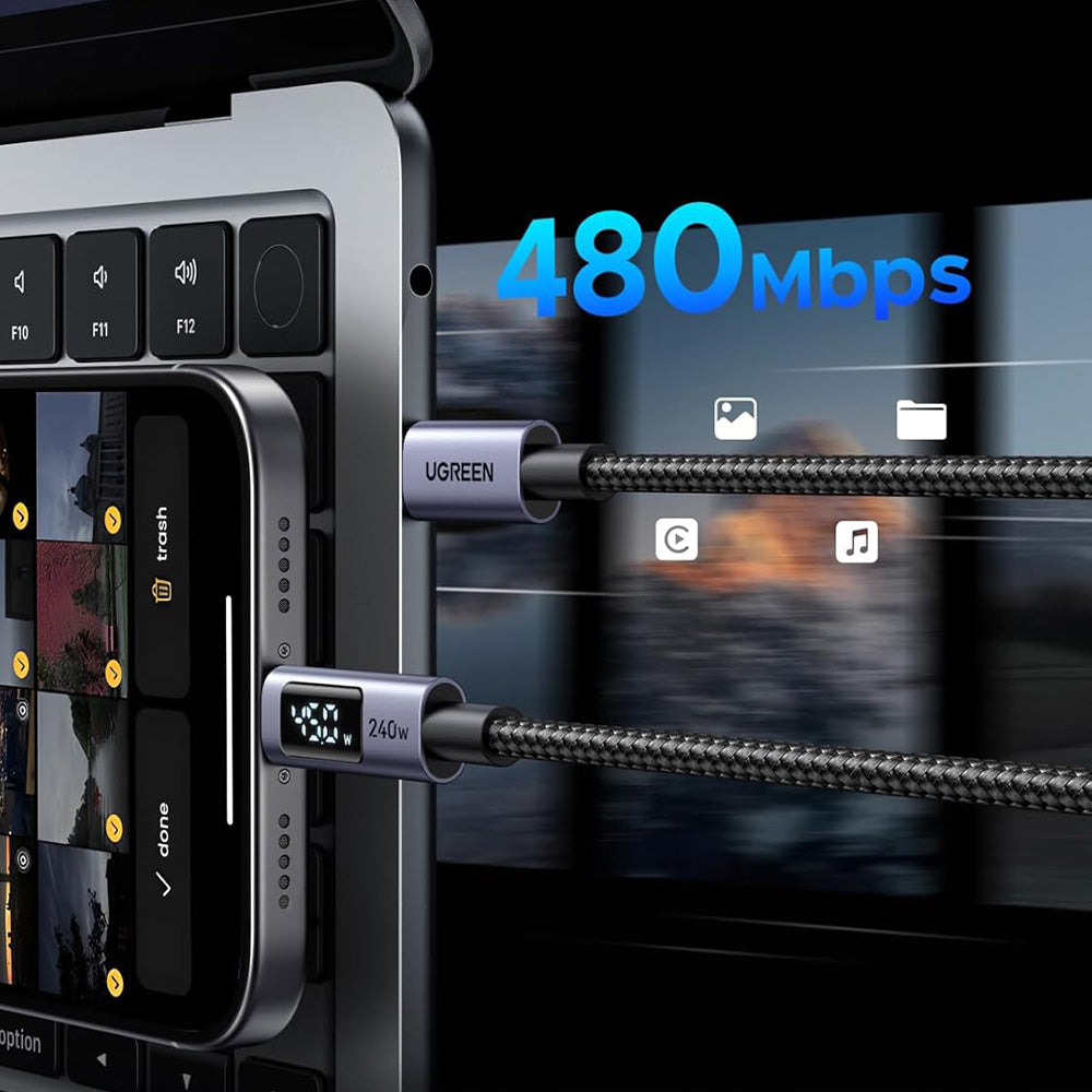 Dátový a nabíjací kábel USB-C - USB-C UGREEN 65866 Display, 240W, 1m, Sivý