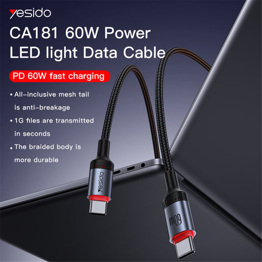 Dátový a nabíjací kábel USB-C - USB-C Yesido CA181, 60W, 1.2m, čierny