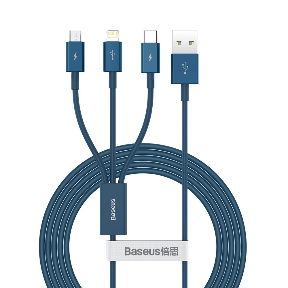 Nabíjací kábel USB-A - Lightning / microUSB / USB-C Baseus Superior série 3v1, 20 W, 1,5 m, modrý CAMLTYS-03