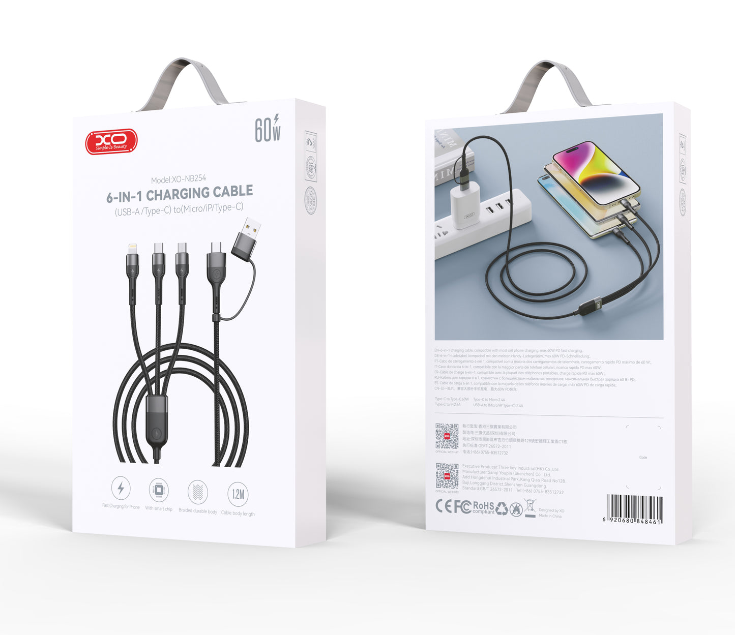 Nabíjací kábel USB-A / USB-C - Lightning / microUSB / USB-C XO Design NB254 3v1, 60 W, 1,2 m, čierny