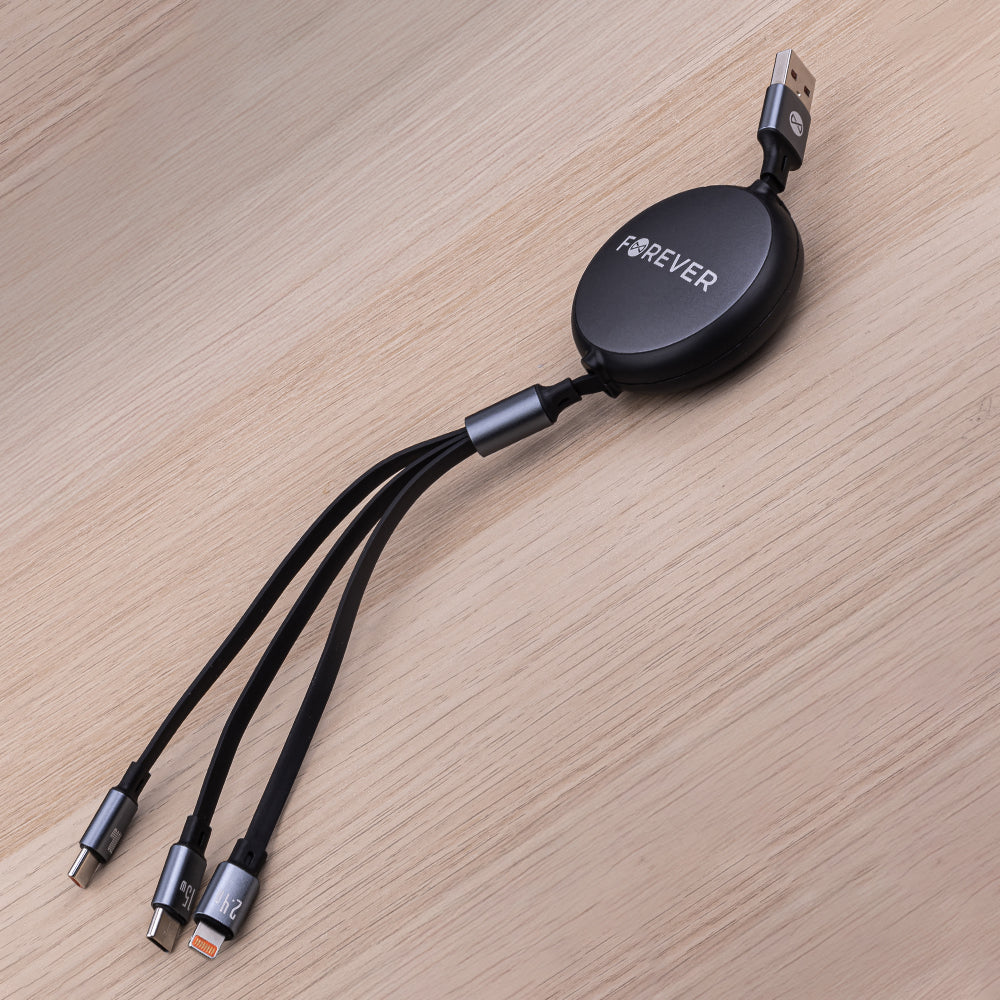 Nabíjací kábel USB-A - Lightning / 2 x USB-C Forever 3in1, 100W, 1.2m, Čierny