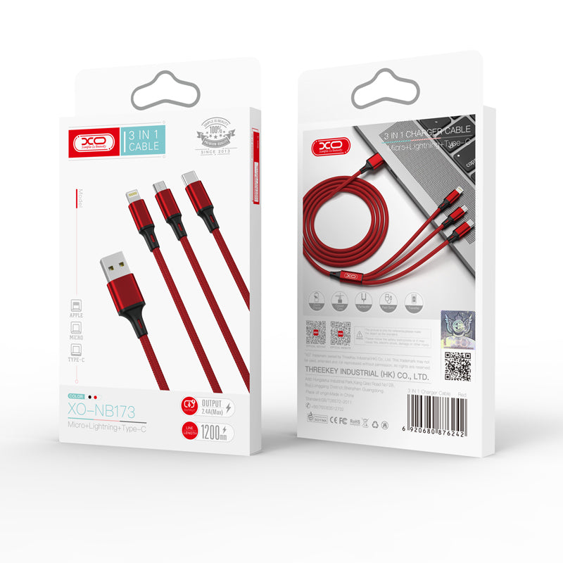 Nabíjací kábel USB-A - Lightning / microUSB / USB-C XO Design NB173 3v1, 18W, 1.2m, Červený
